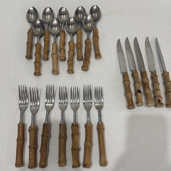 The Unbranded Brand Other - VINTAGE MID-CENTURY AUTHENTIC BAMBOO HANDLE TIKI FLATWARE STAINLESS STEEL JAPAN